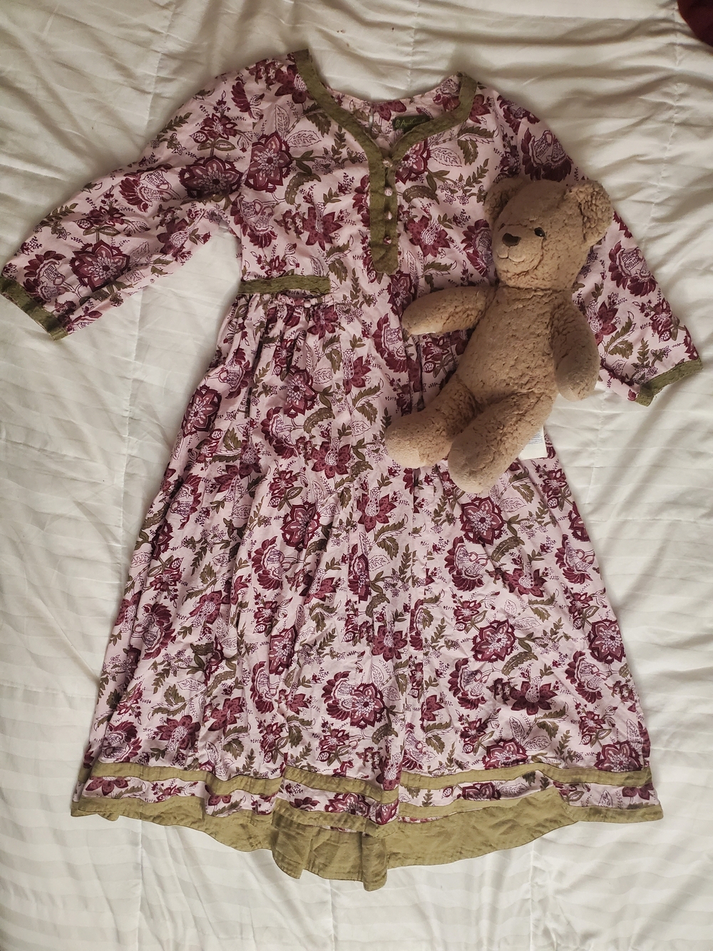 100% Cotton April Cornell Pink Floral Dress with Burgundy and Olive Trim